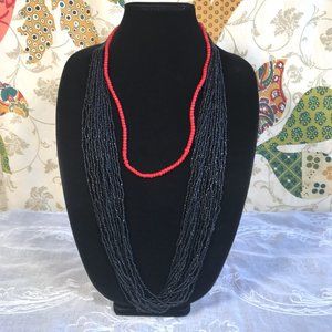 2 Necklace Lot African Trade Beads Glass Red White Heart Black Seed Bead Layered